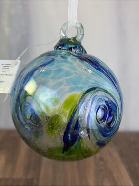 Hand Blown Multicolor Blue Turquoise Green Friendship Ornament 4" Art Glass Ball